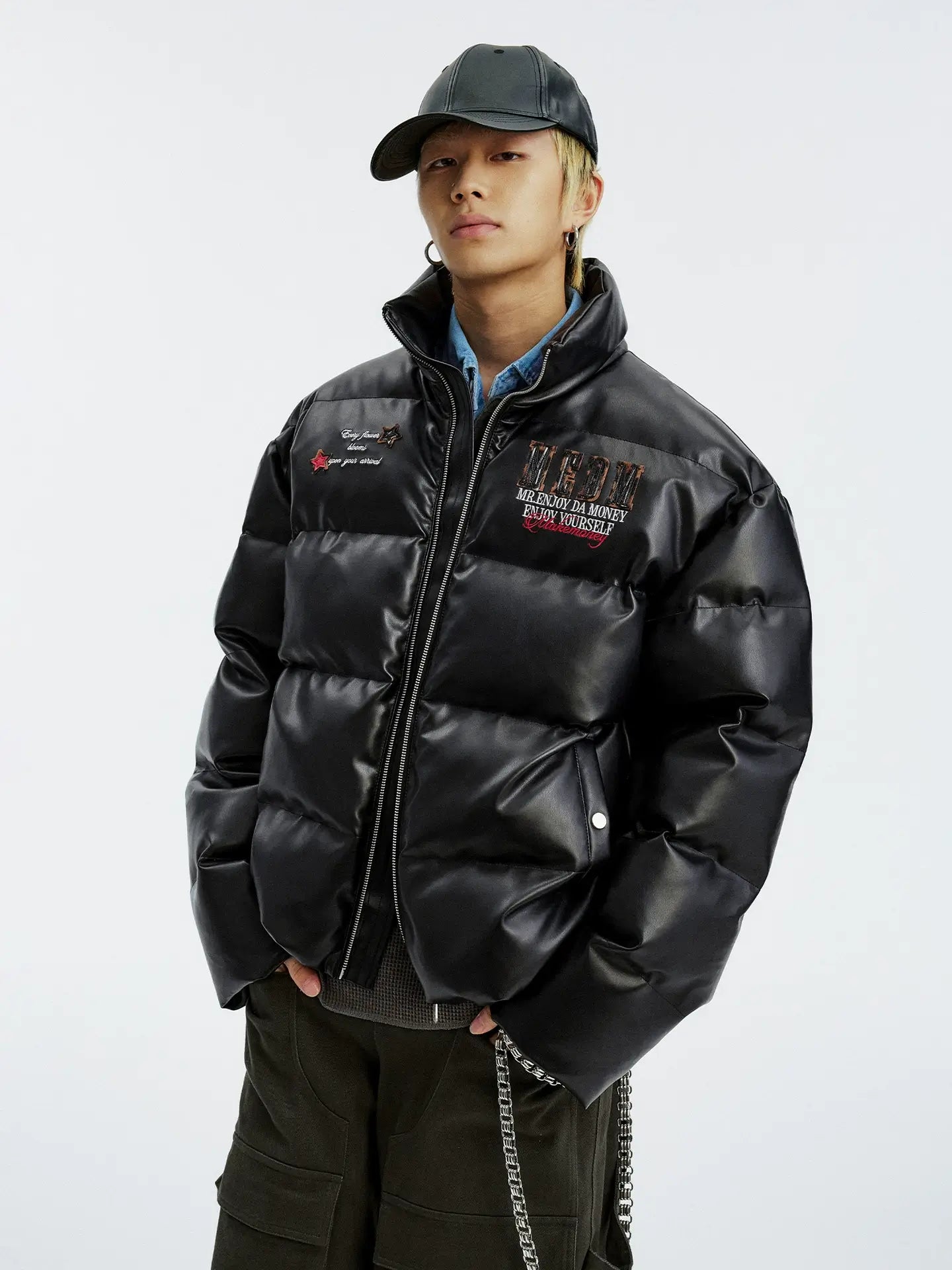 MEDM Leopard Patch PU Leather Puffer Jacket