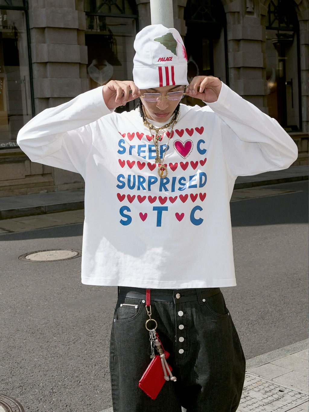 STEEPC Hand Stitched Heart Print Long Sleeve Tee