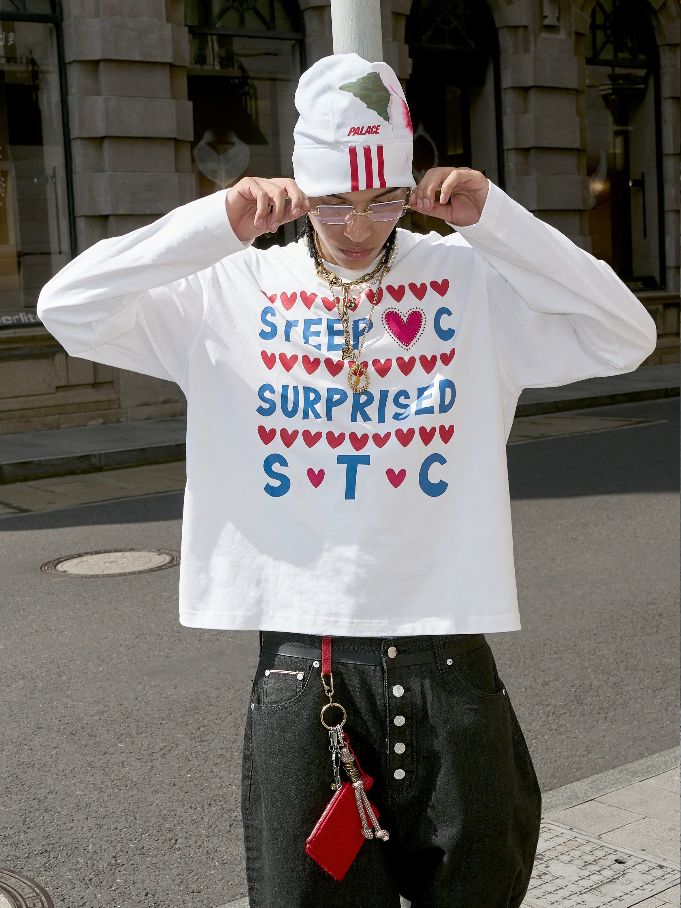 STEEPC Hand Stitched Heart Print Long Sleeve Tee