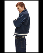 NOVACAM Navy Blue Short Basic Varsity Jacket