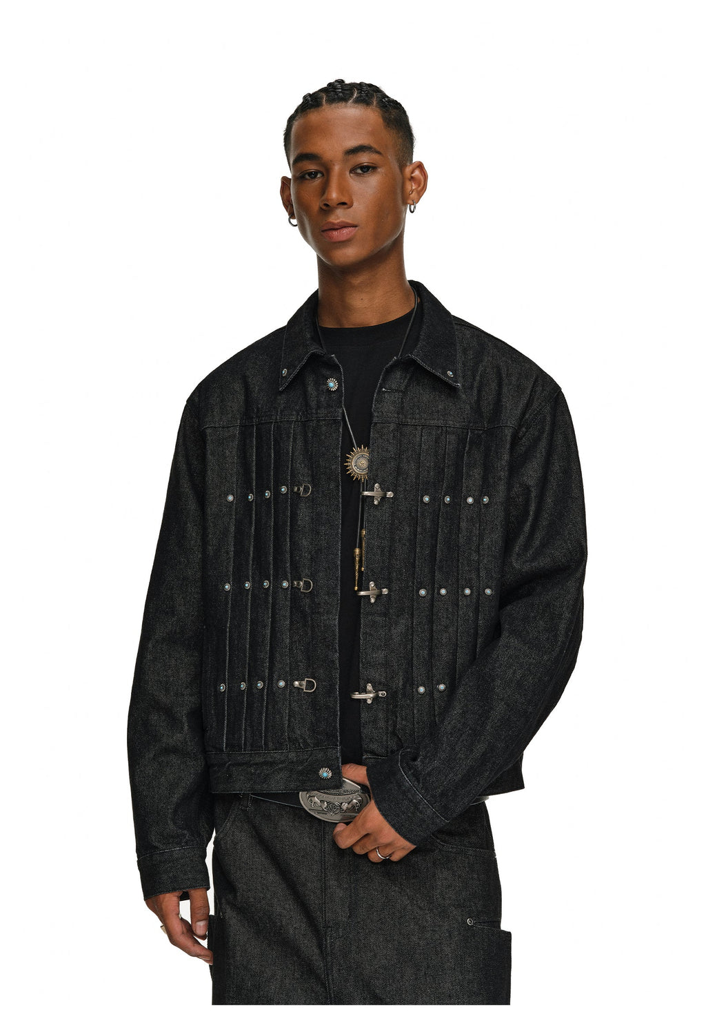 ANTIDOTE Turquoise Studded Pleated Buckle Denim Jacket