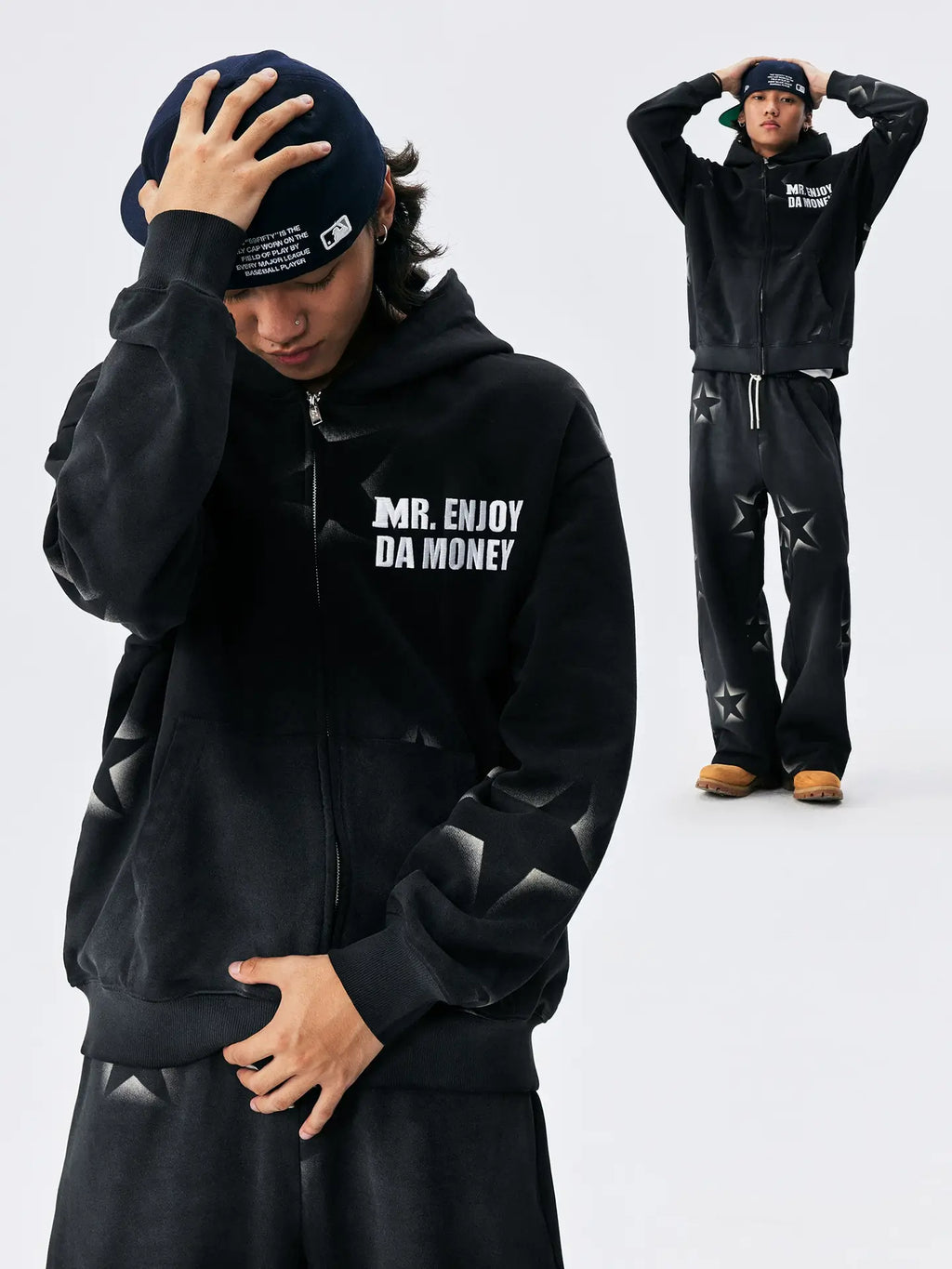 MEDM Washed Star All Over Print Zip Up Hoodie