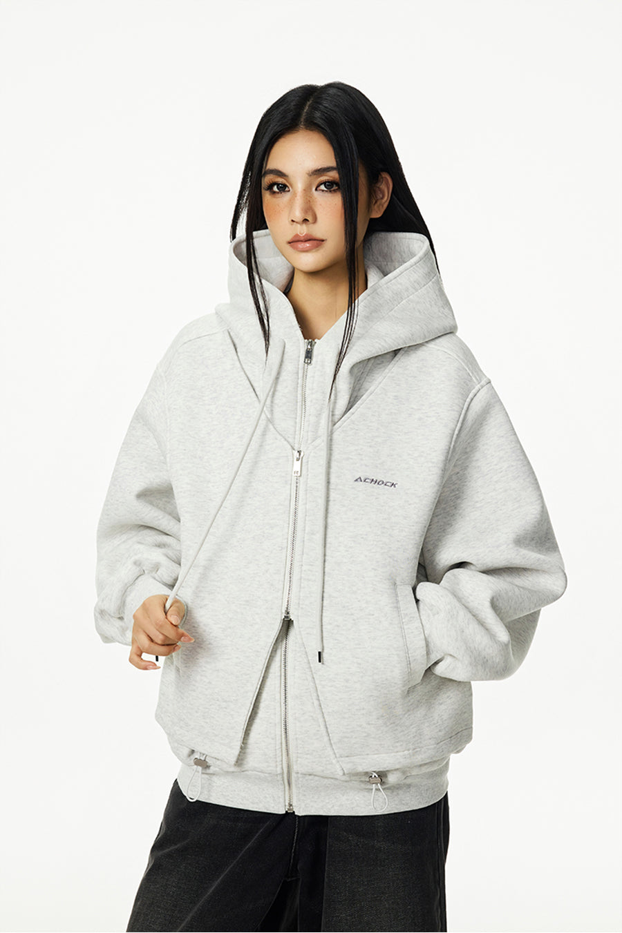 Achock Layered Double Zip Hooded Sweatshirt Jacket