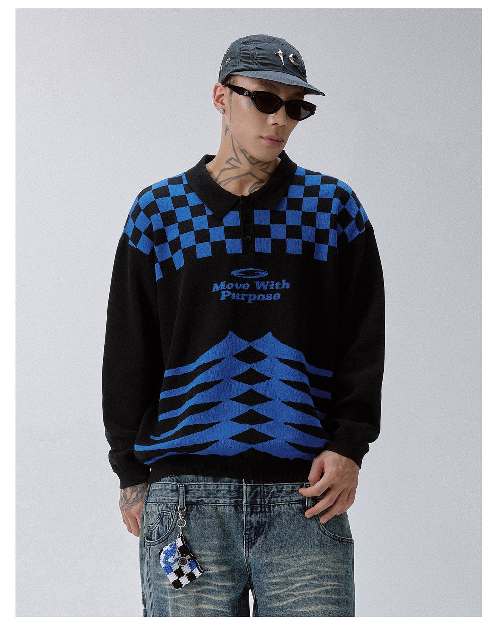 F2CE Checkerboard Pattern Polo Knit Sweater