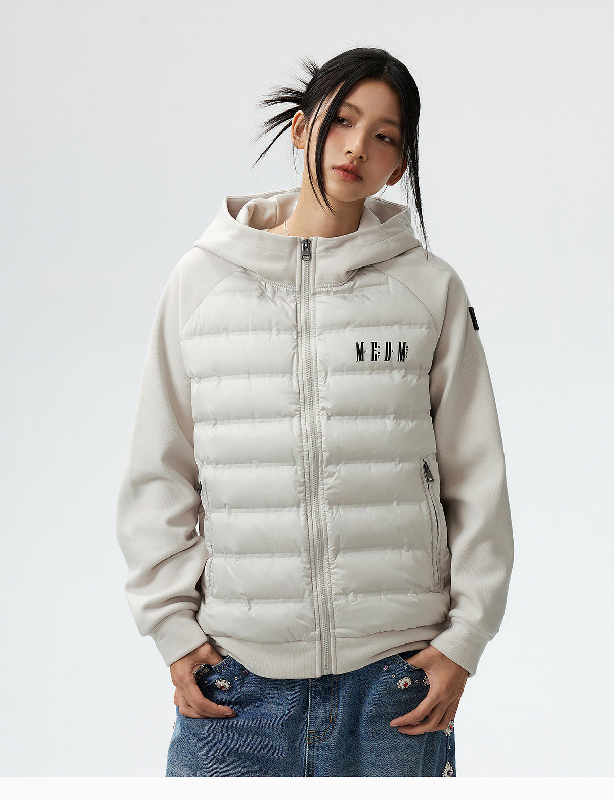 MEDM Patchwork Raglan Sleeve Lightweight Hooded Down Jacket