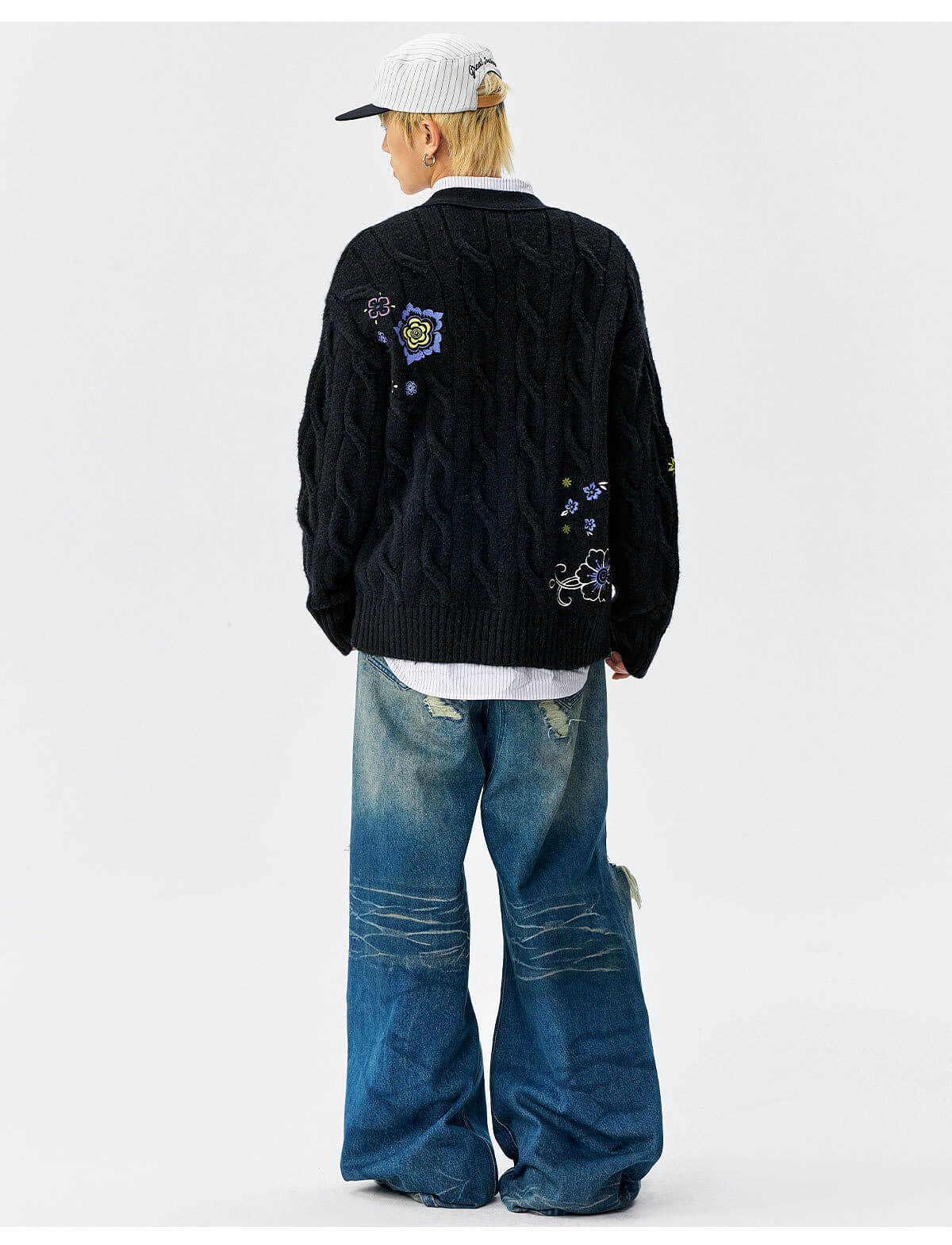 MEDM Floral Butterfly Embroidered Cable Knit Cardigan