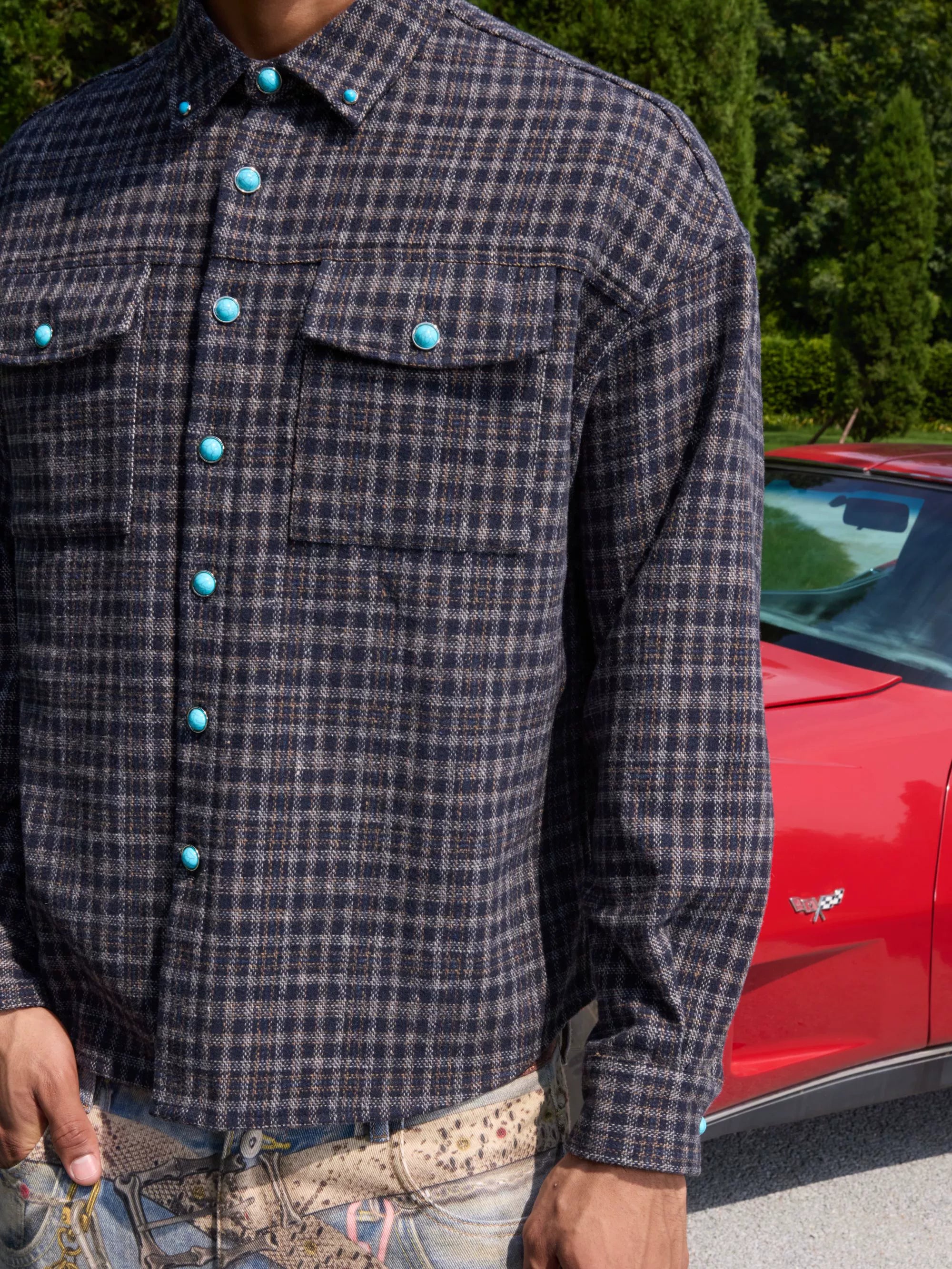 S45 Turquoise Button Plaid Long Sleeve Shirt