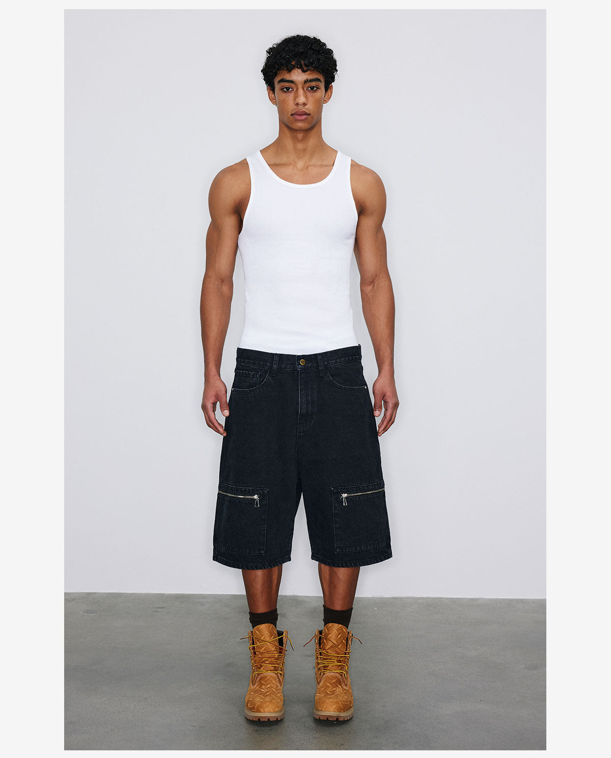 NOVACAM Washed Denim Zip Pocket Work Baggy Shorts