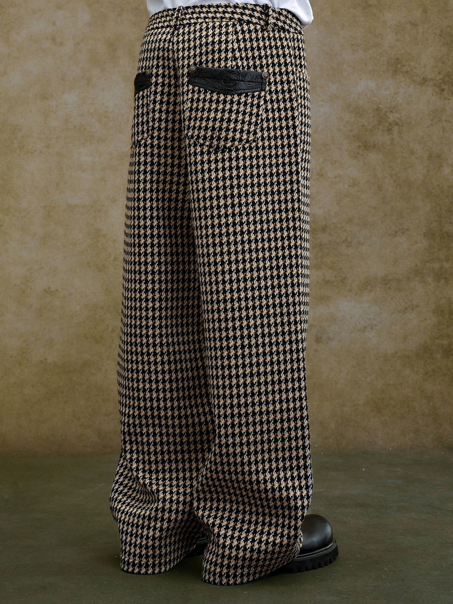 YADcrew Houndstooth Patchwork Leather Pants