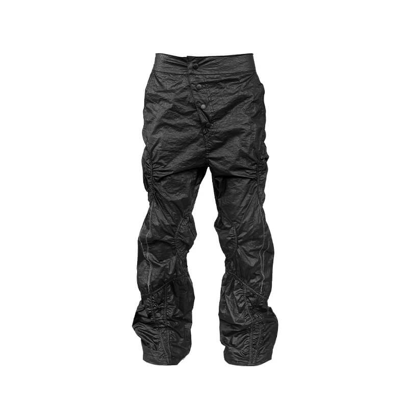 Night Lab Pleated Loose Fit Black Nylon Pants