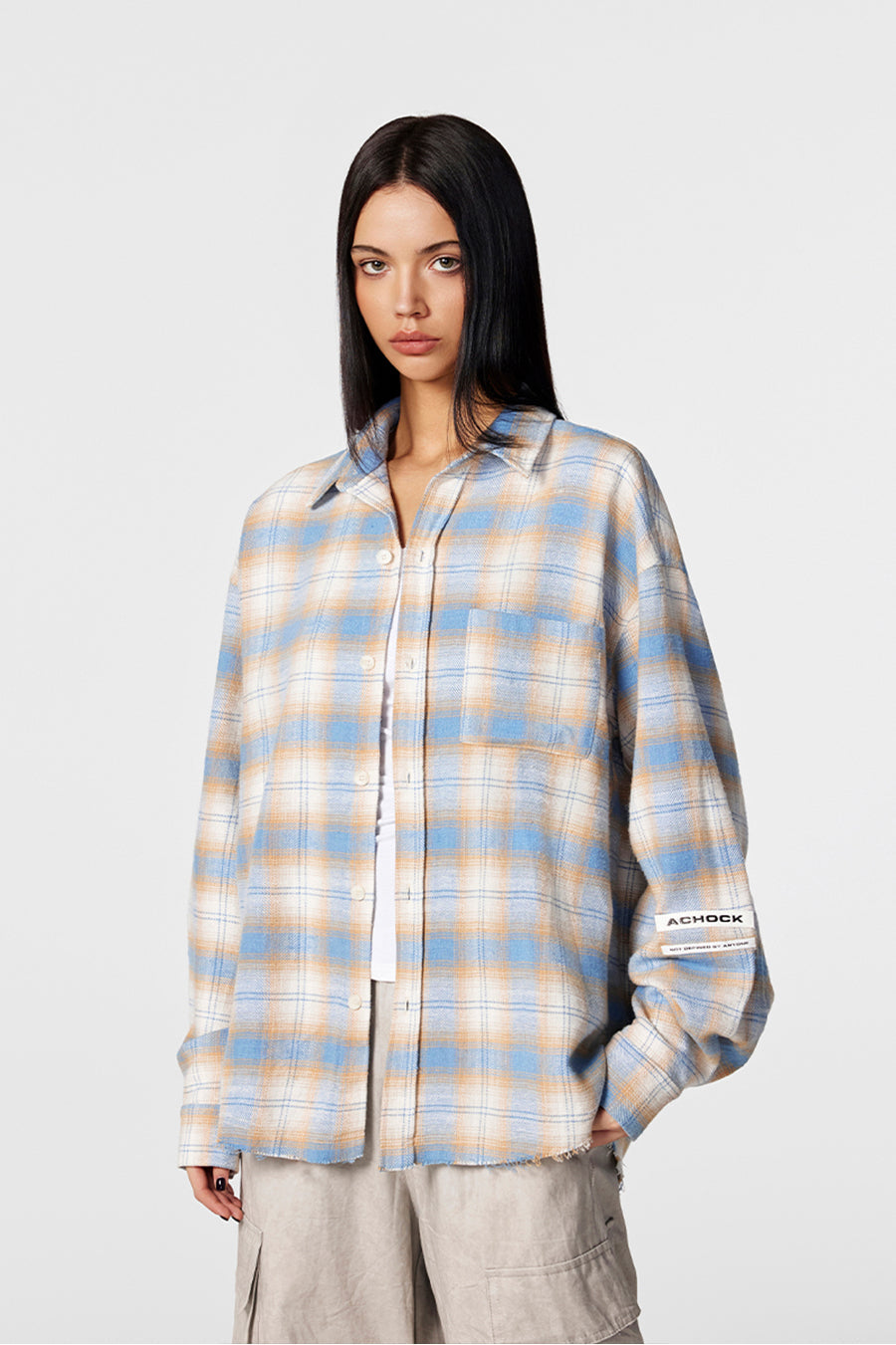 Achock Plaid Raw Hem Long Sleeved Shirt