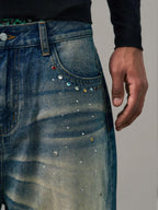 S45 Gemstone and Rhinestone Studded Washed Jeans