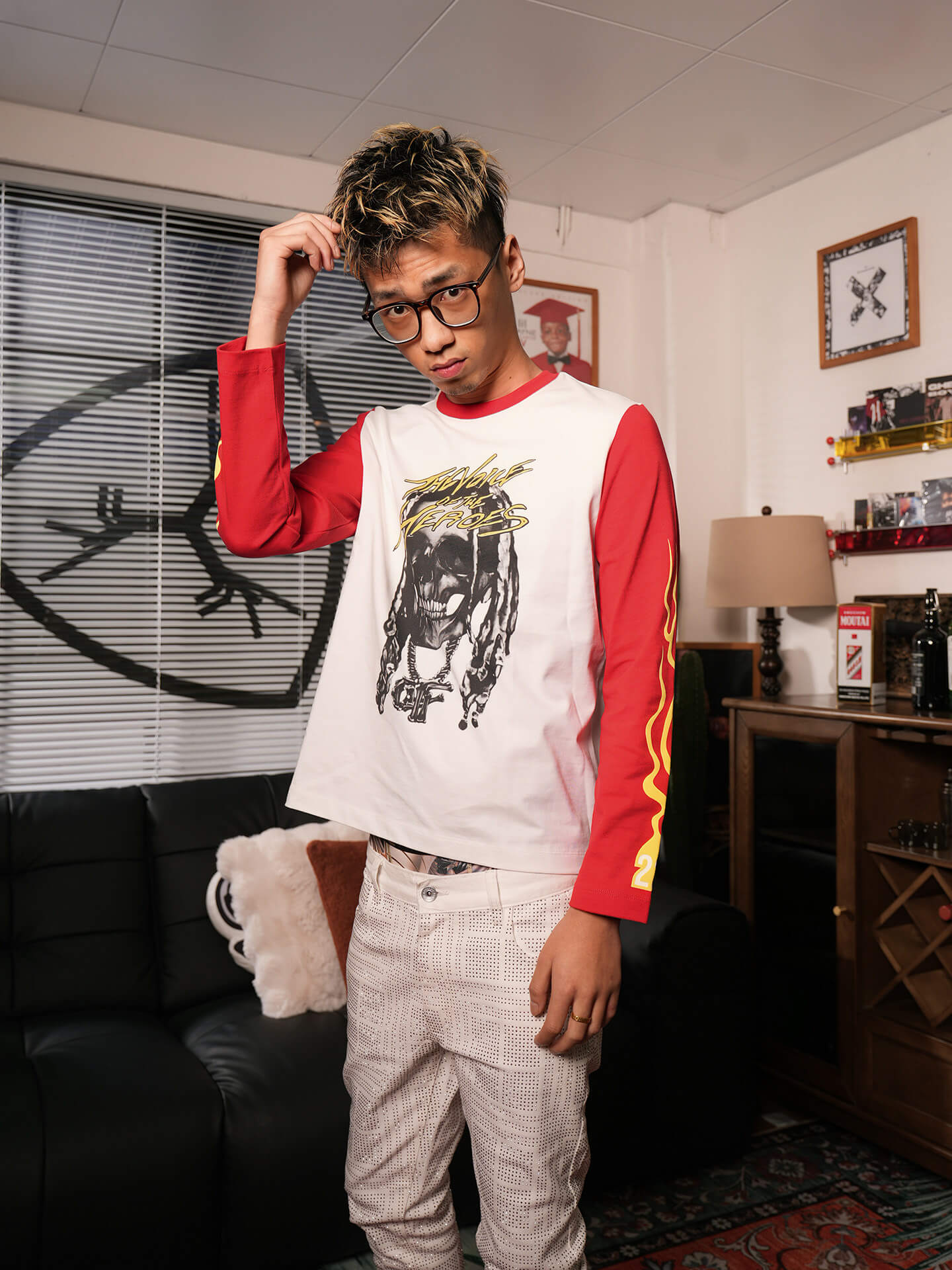 TGFCLUB Skull Print Color Block Slim Fit Long Sleeve Tee