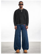 F3F Select White Stitching Henley Neck Knit Sweater