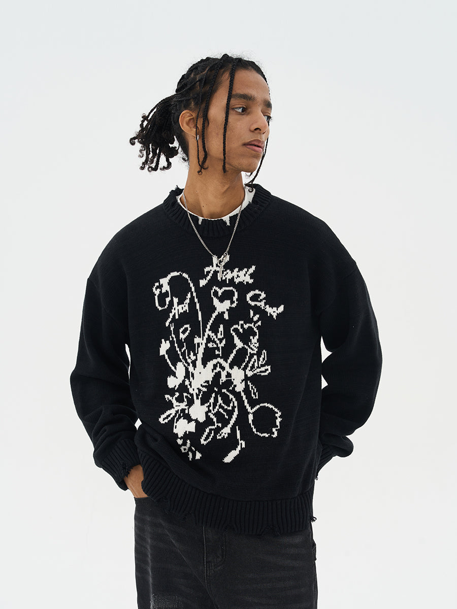 Harsh and Cruel Hand Drawn Flowers Knit Sweater