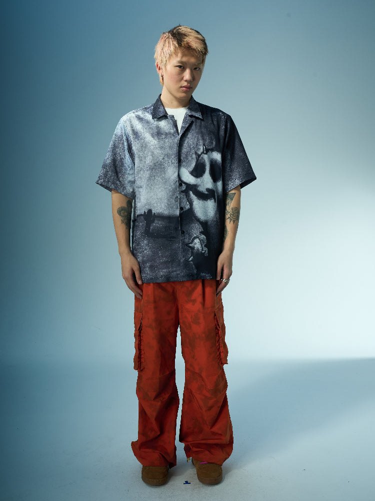 EVILKNIGHT(EK) Full-Print Graffiti Portrait Cuban Shirt