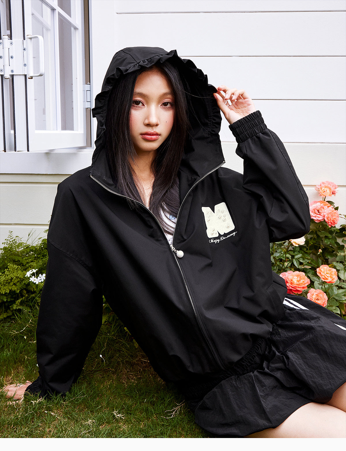 MEDM Pearl Logo Lace Hooded Zip Jacket