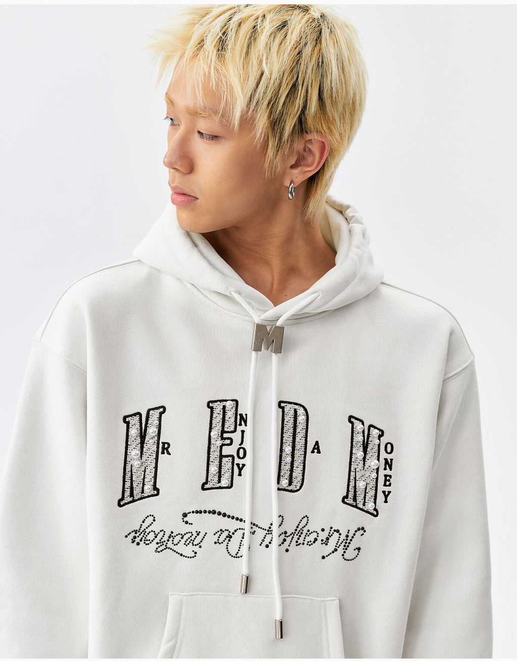 MEDM M Buckled Drawstring Pearl Logo Embroidered Hoodie
