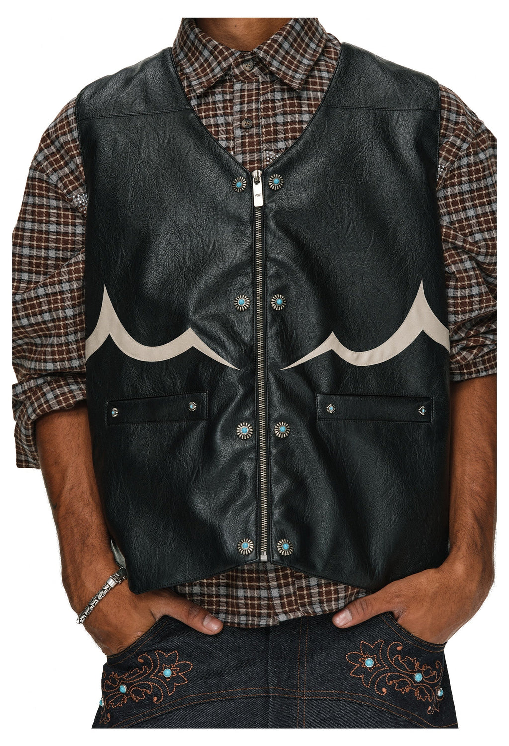 ANTIDOTE Turquoise Studded Western PU Leather Biker Vest
