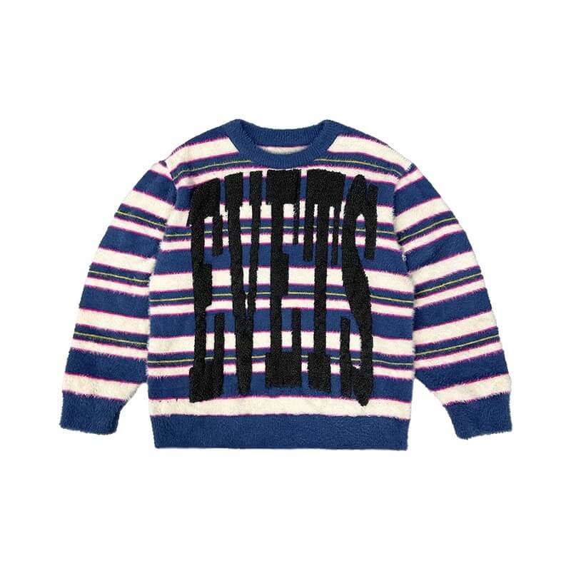 EVETS Logo Striped Fuzzy Knit Sweater