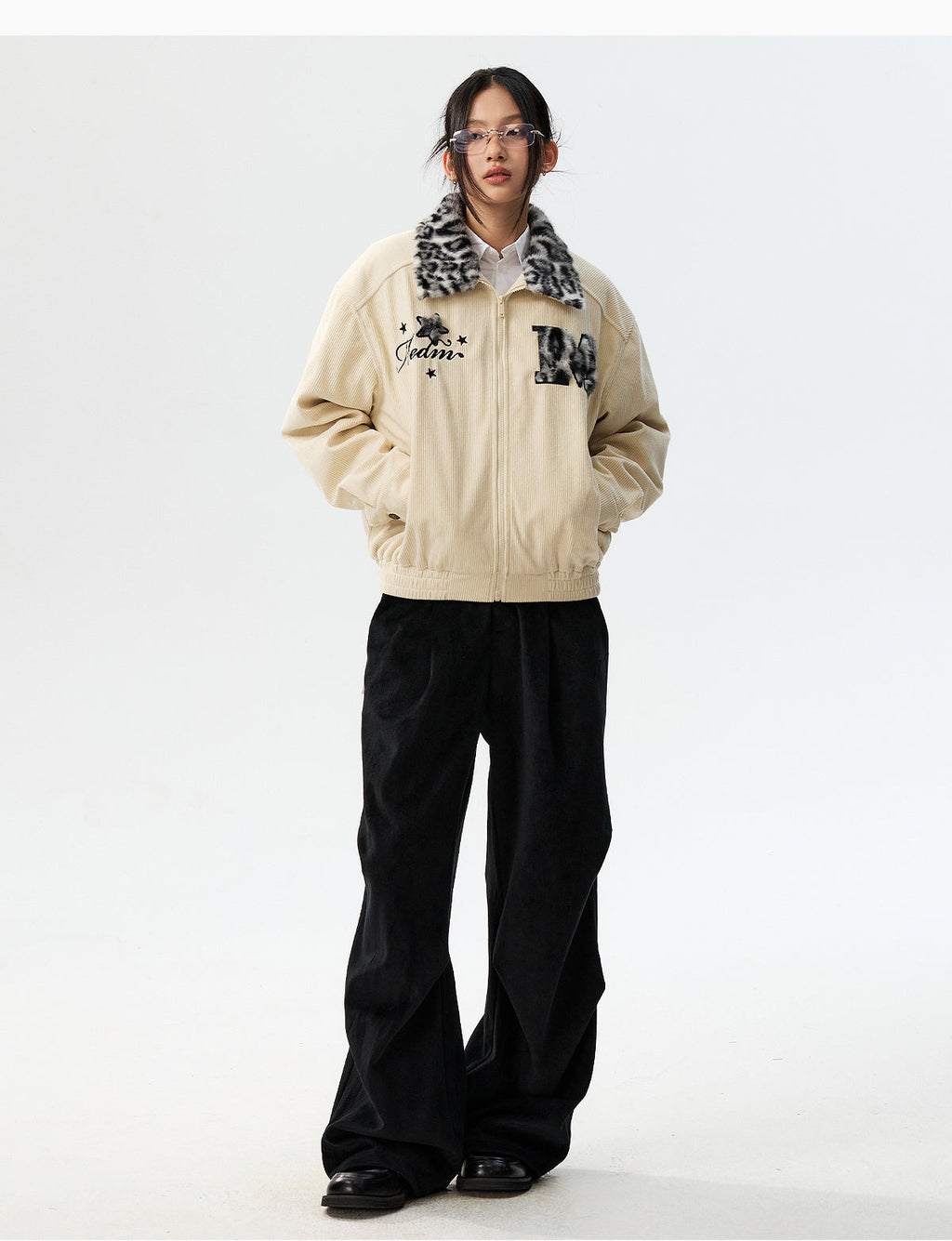 MEDM Leopard Fur Collar Corduroy Jacket
