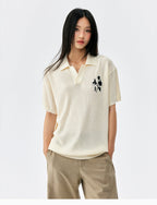 MEDM Rose Embroidered Textured Stripe Knit Polo