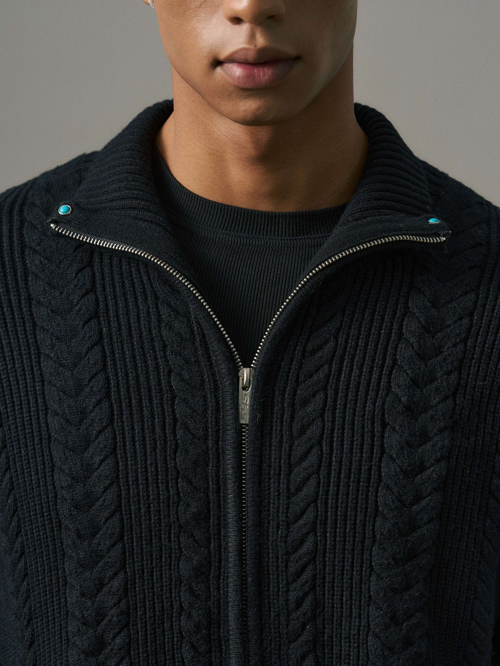 S45 Turquoise Studded Twisted Knit Zip Up Cardigan