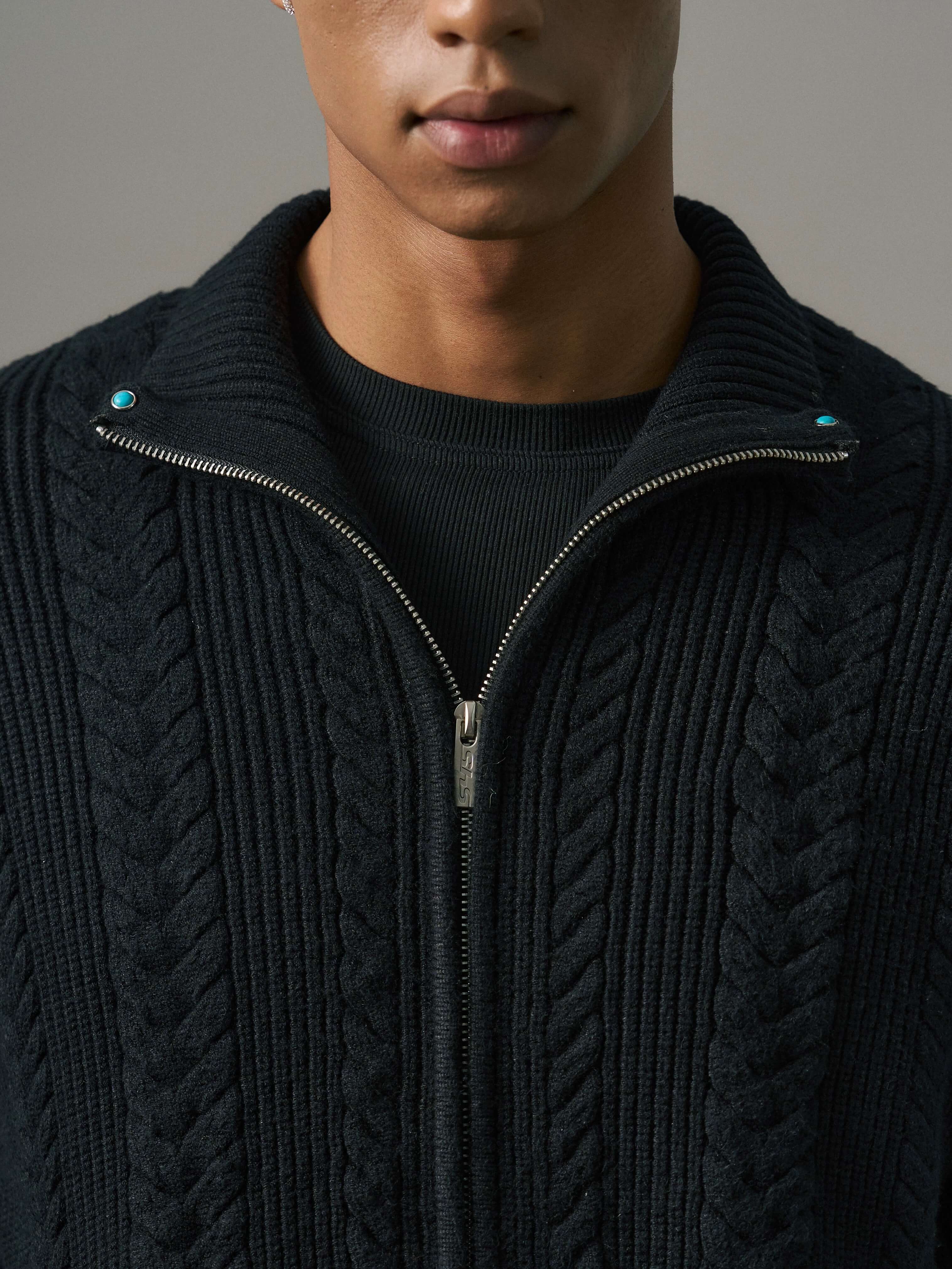 S45 Turquoise Studded Twisted Knit Zip Up Cardigan