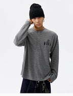 MEDM Rose Embroidered Striped Henley Long Sleeve Tee