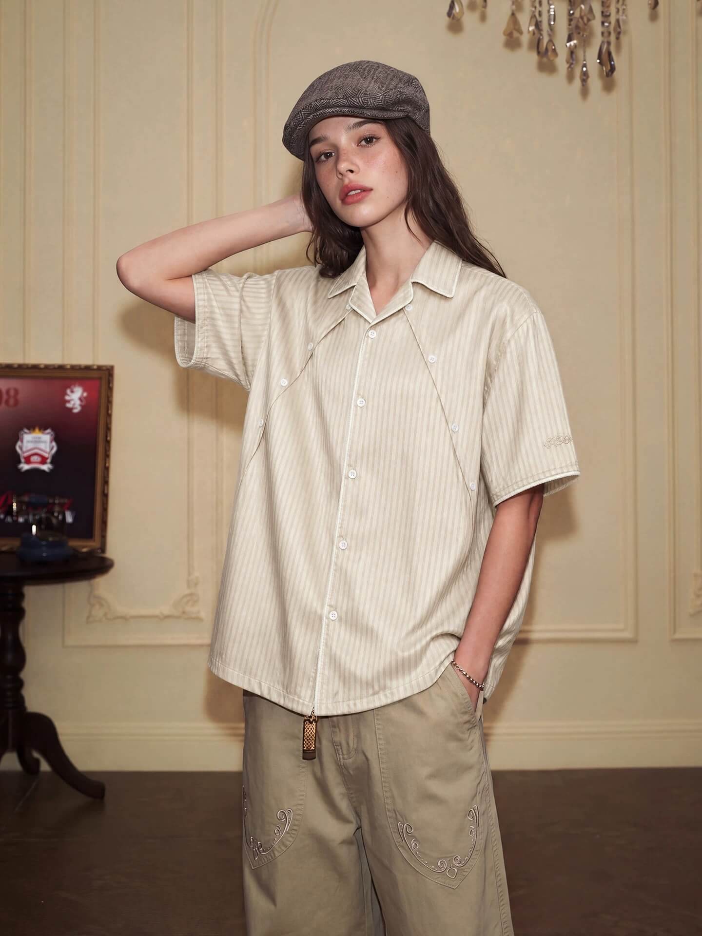 YADcrew Shiny Satin Striped Short Sleeve Shirt