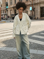 STEEPC Wool Blend Diamond Cable Knit Pearl Cardigan