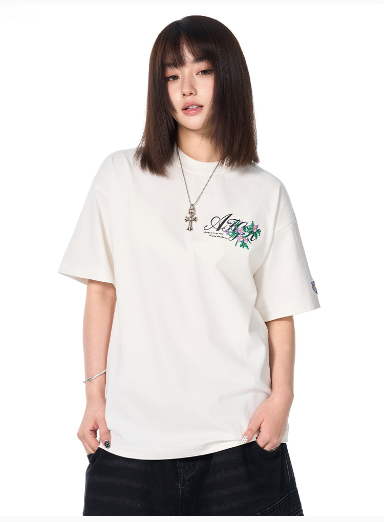 AFGK Flower Embroidered Logo Print Tee