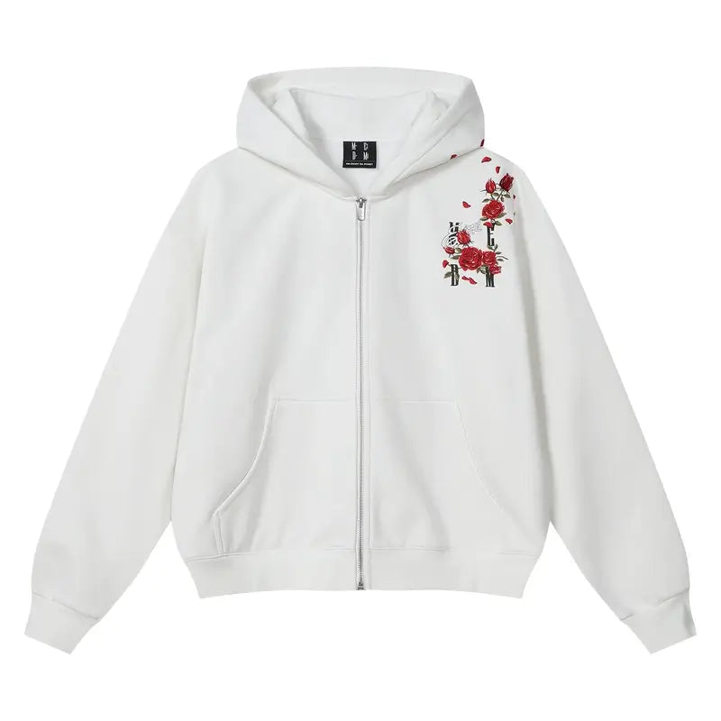 MEDM Rose Embroidered Zip Up Hoodie