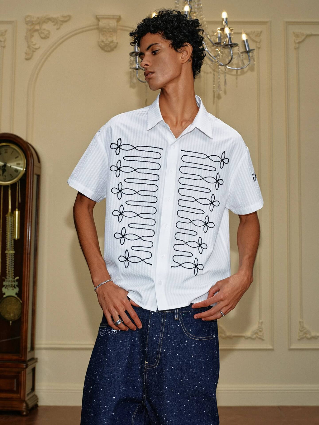YADcrew Braid Embroidered Striped Seersucker Short Sleeve Shirt