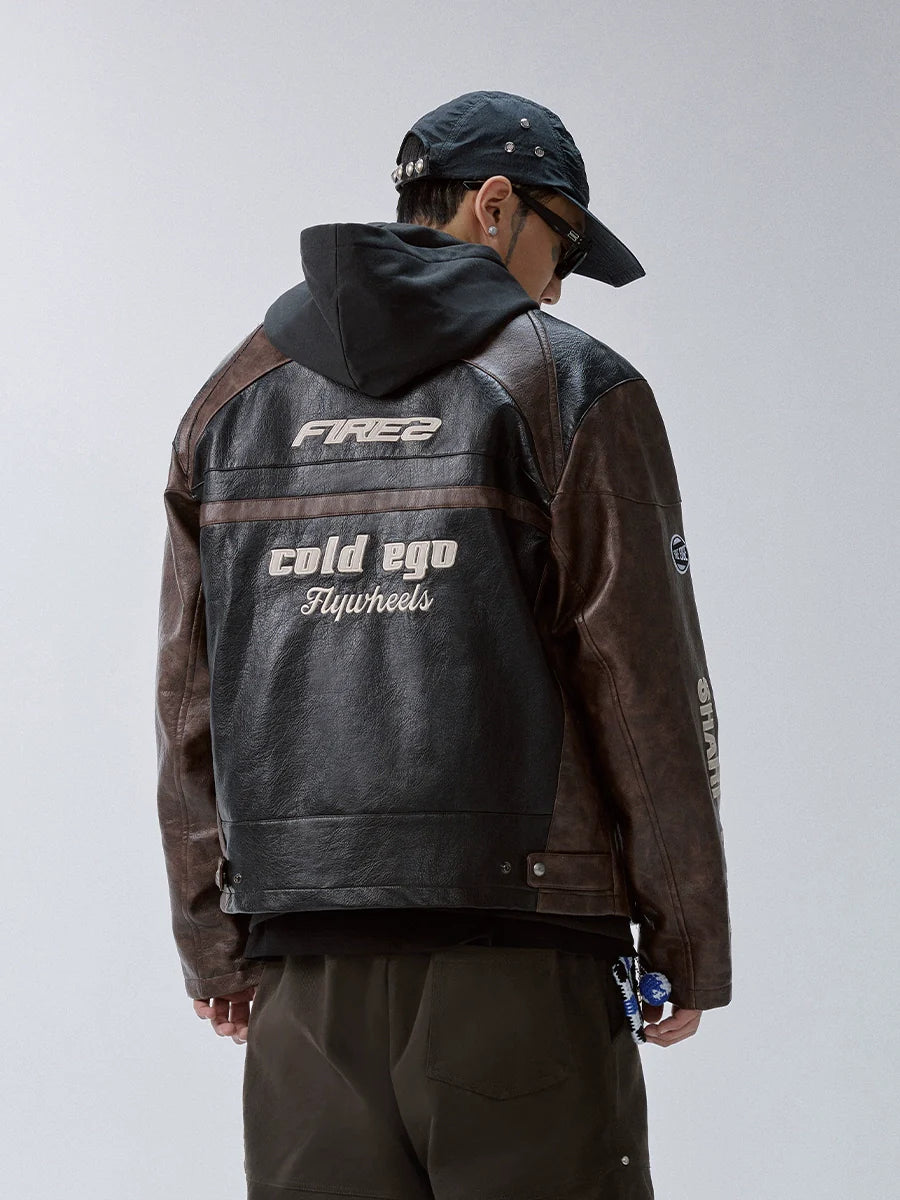F2CE Embroidery Patch PU Leather Racing Jacket