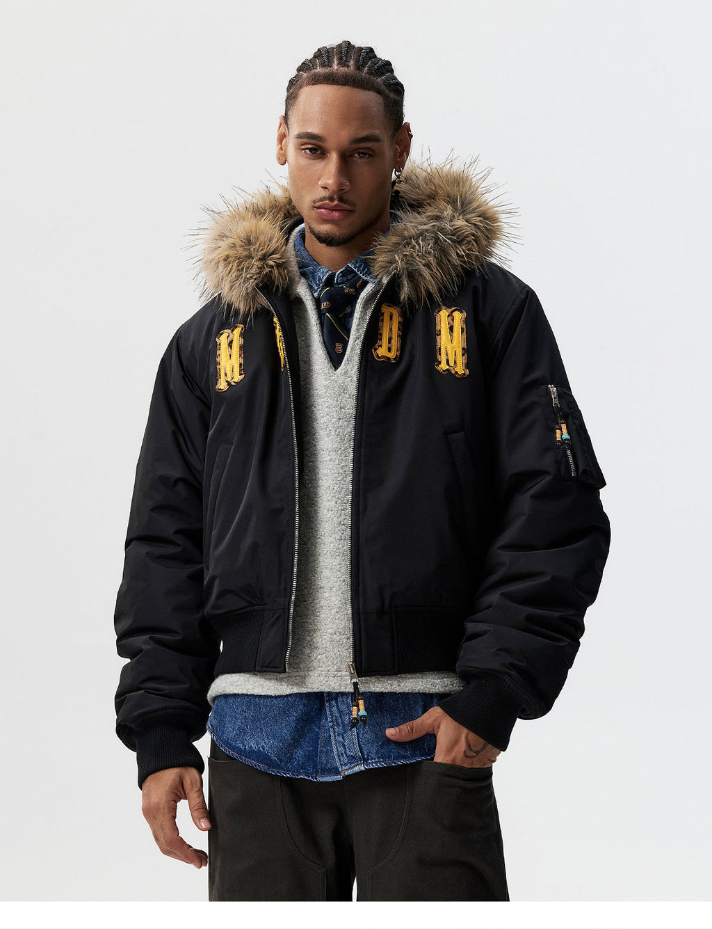 MEDM Animal Logo Patch Fur Hooded Bomber Jacket