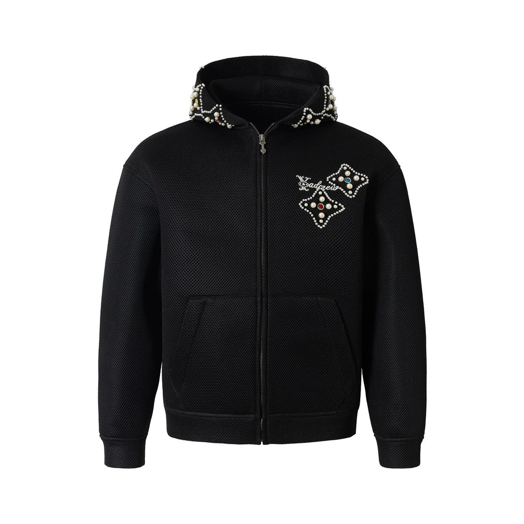 YADcrew Colorful Gemstone Pearl Mesh Zip Up Hoodie