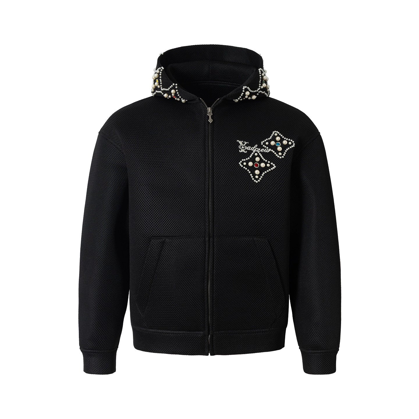 YADcrew Colorful Gemstone Pearl Mesh Zip Up Hoodie