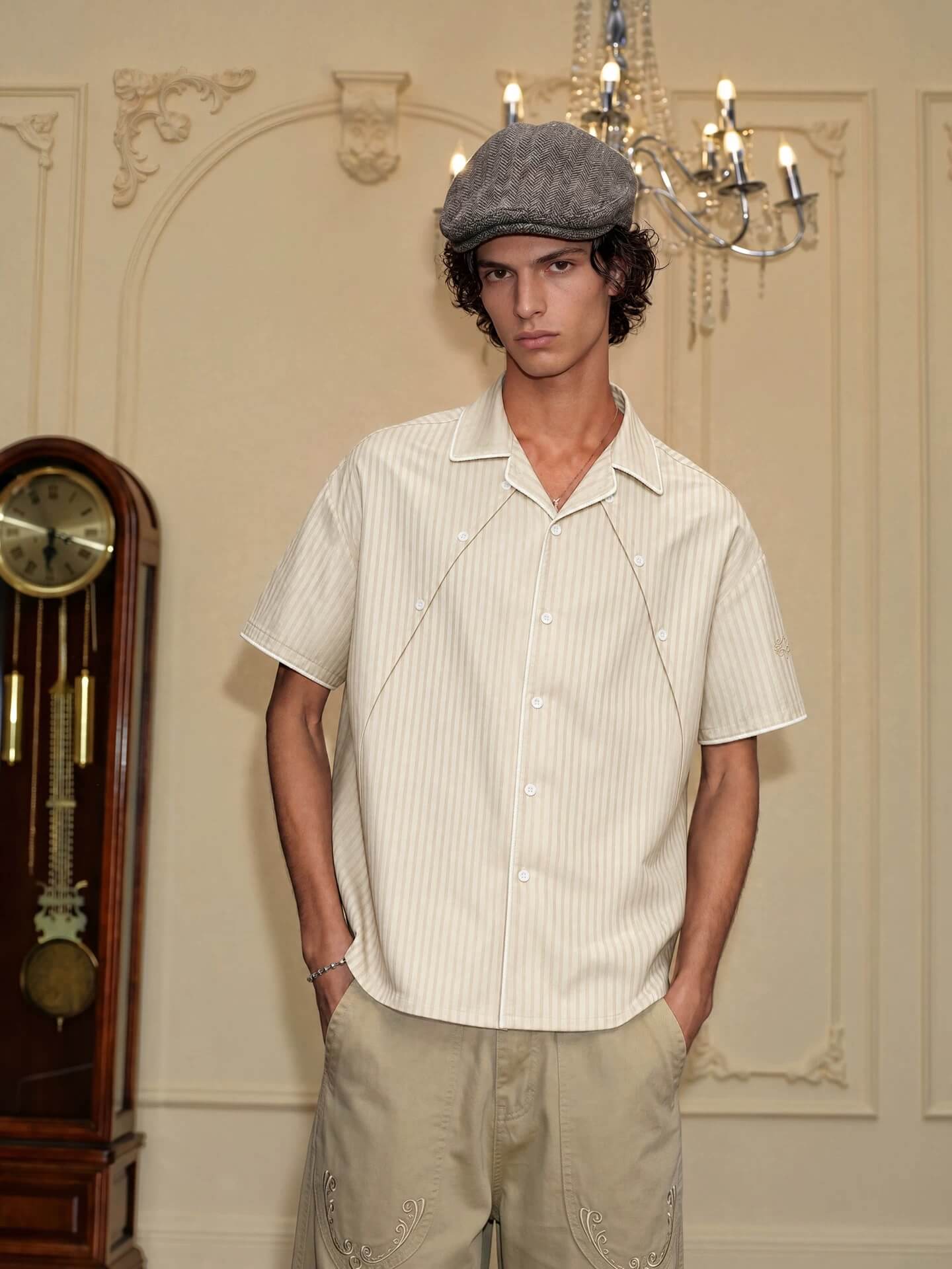 YADcrew Shiny Satin Striped Short Sleeve Shirt