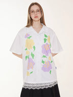 EMPTY REFERENCE Hand Painted Floral Print Short Sleeve Shirt