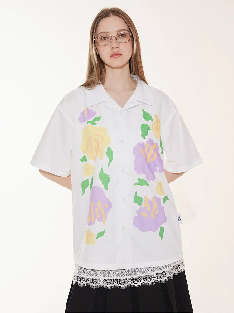 EMPTY REFERENCE Hand Painted Floral Print Short Sleeve Shirt