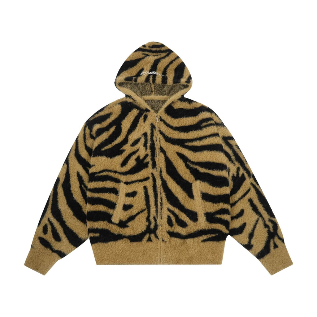 1807 Tiger Striped Faux Mink Fur Knit Zip Up Hoodie