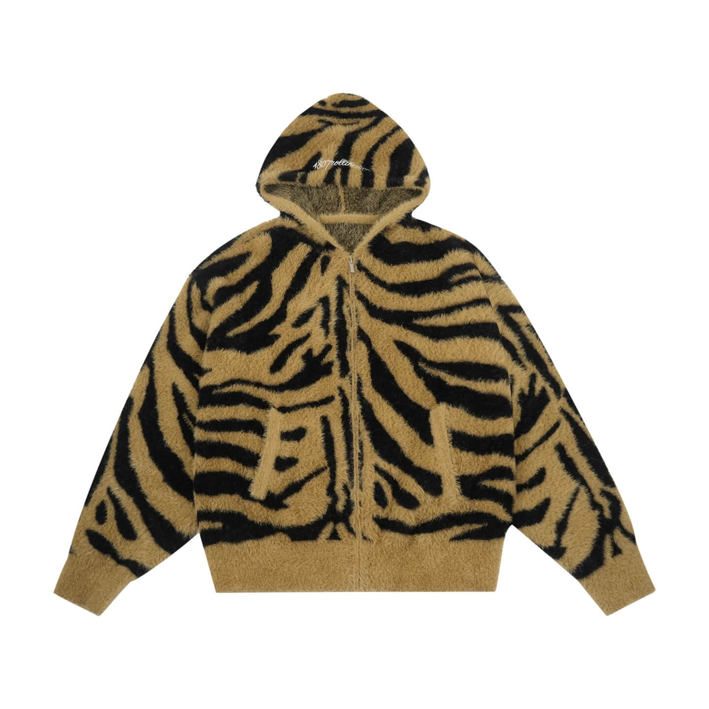 1807 Tiger Striped Faux Mink Fur Knit Zip Up Hoodie