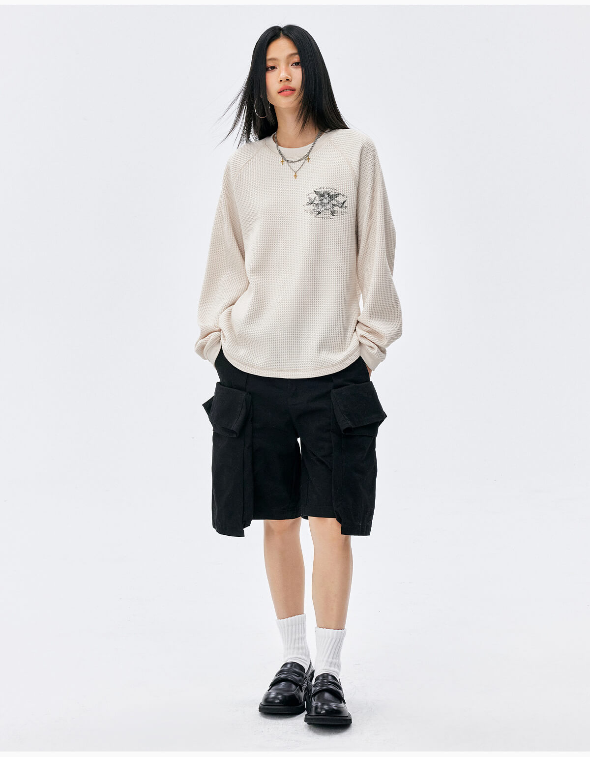 MEDM Angel Print Waffle Long Sleeve Tee