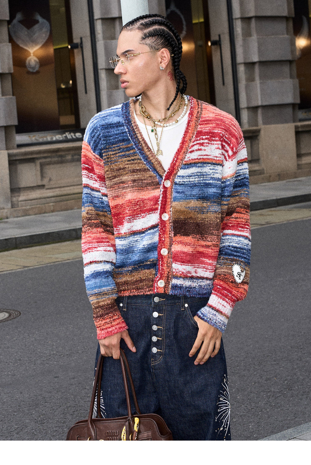 STEEPC Multicolor Gradient Heart Patch Knit Cardigan