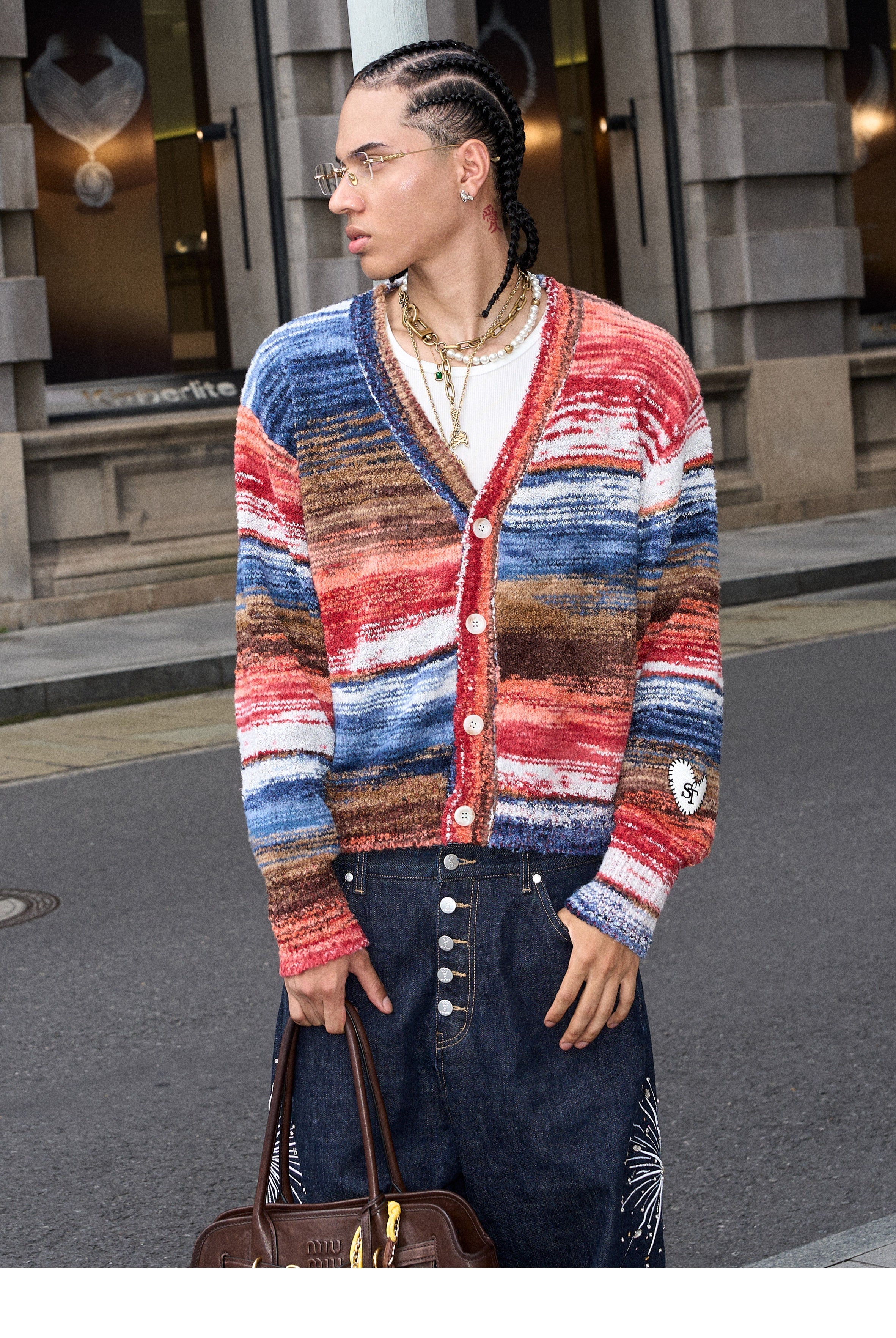 STEEPC Multicolor Gradient Heart Patch Knit Cardigan