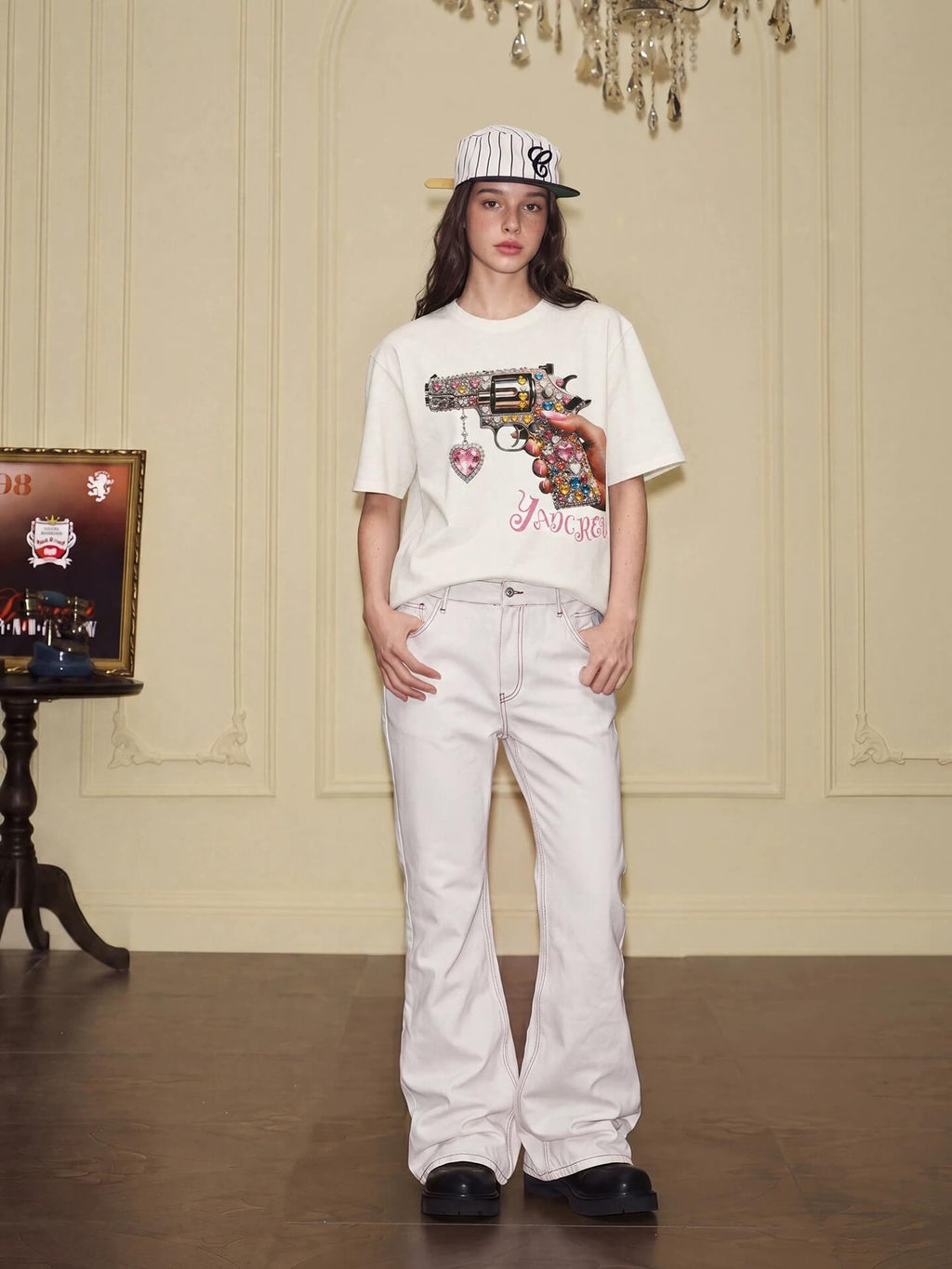 YADcrew Rhinestone Revolver Digital Print Tee