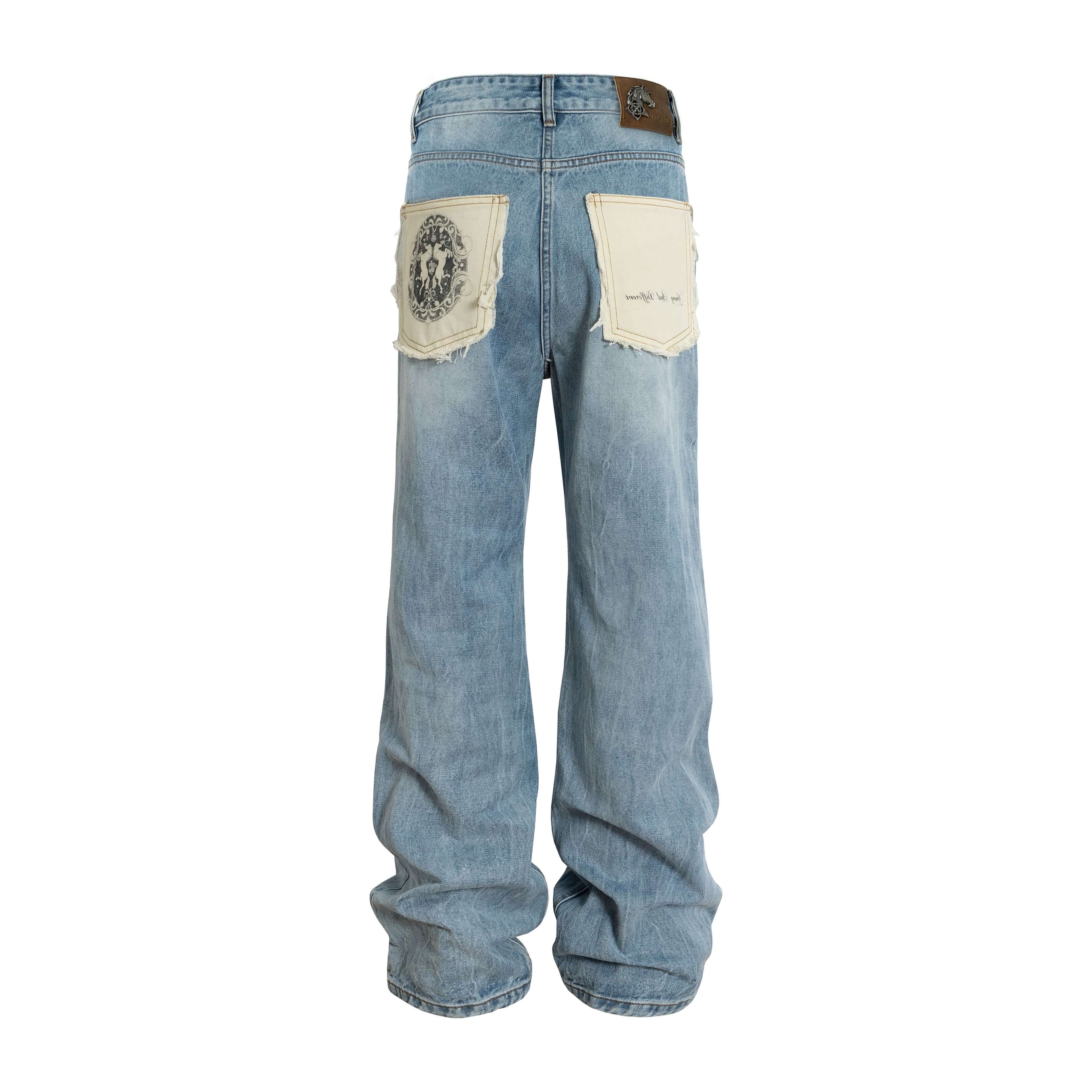 YADcrew Contrast Frayed Back Pocket Center Seam Washed Jeans