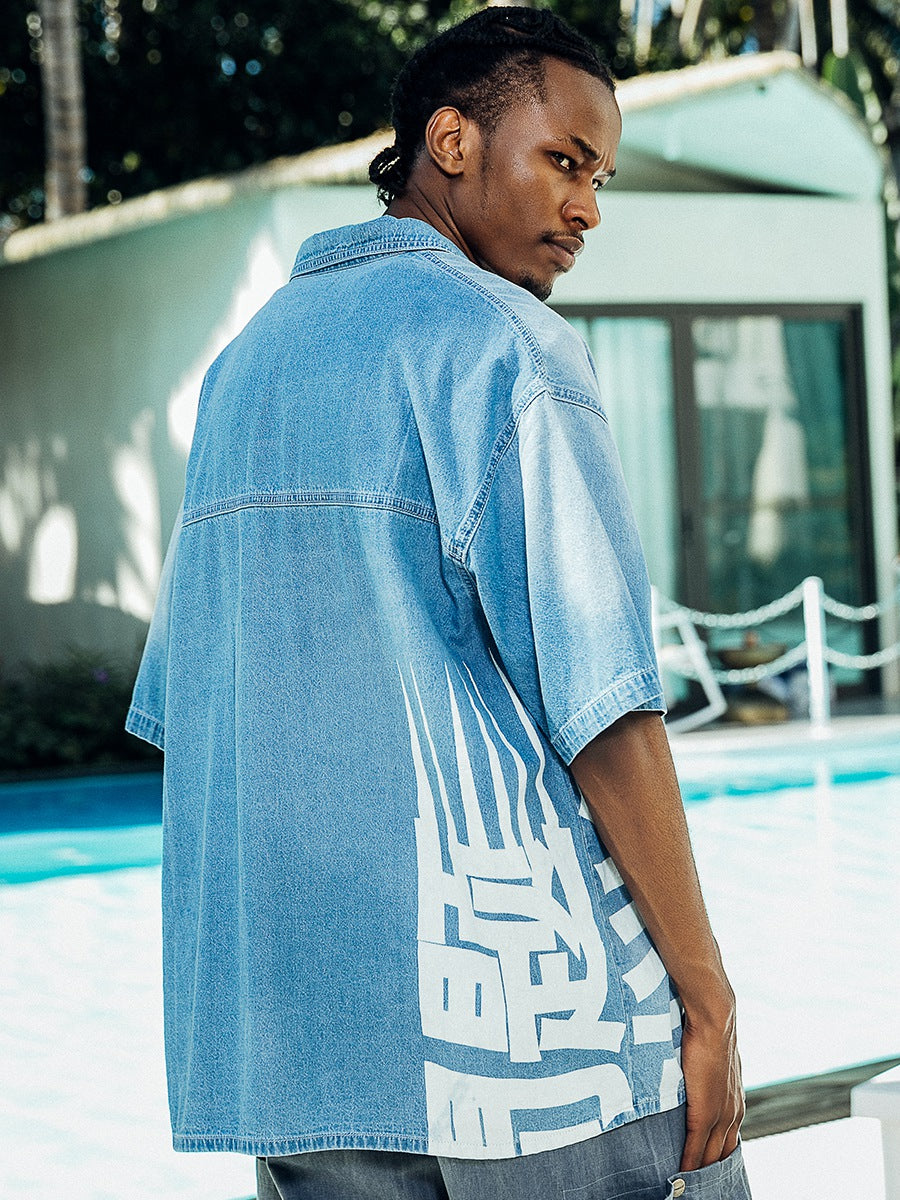 PRBLMS Chinese Big LOGO Denim Short Sleeved Shirt