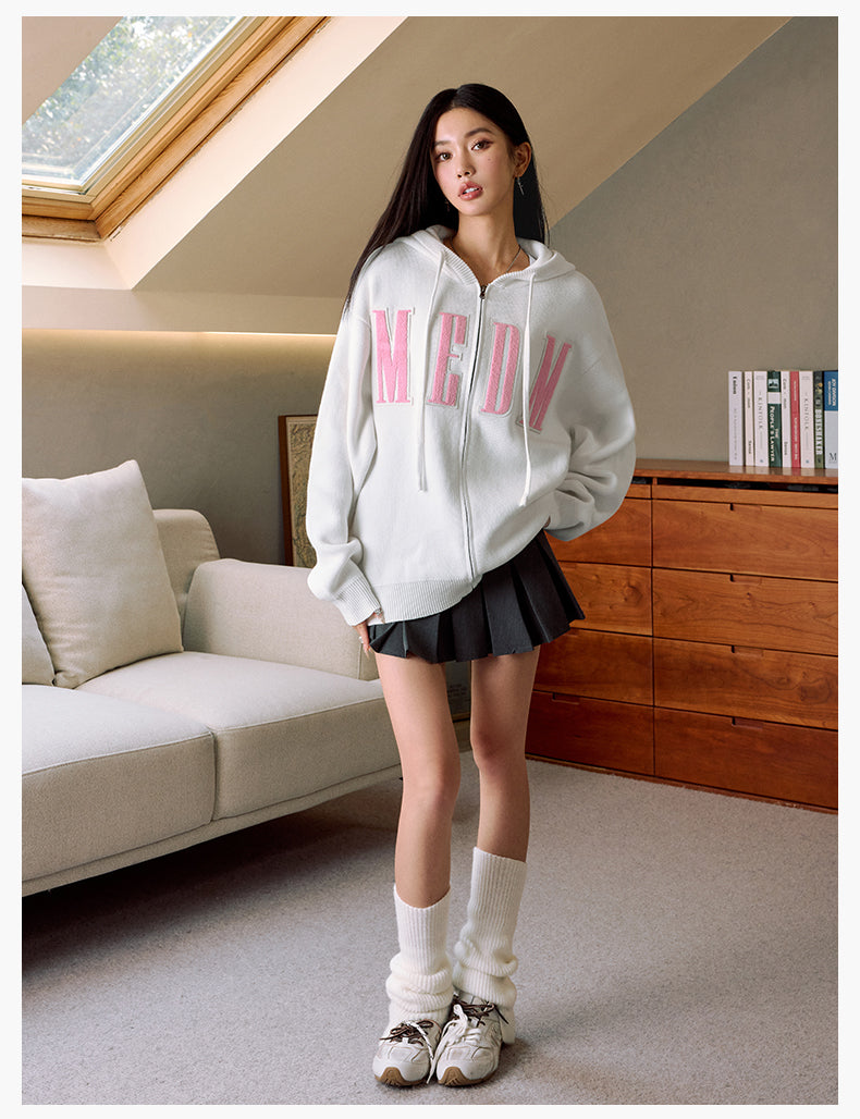 MEDM Basic Embroidered Logo Zip Up Knit Hoodie